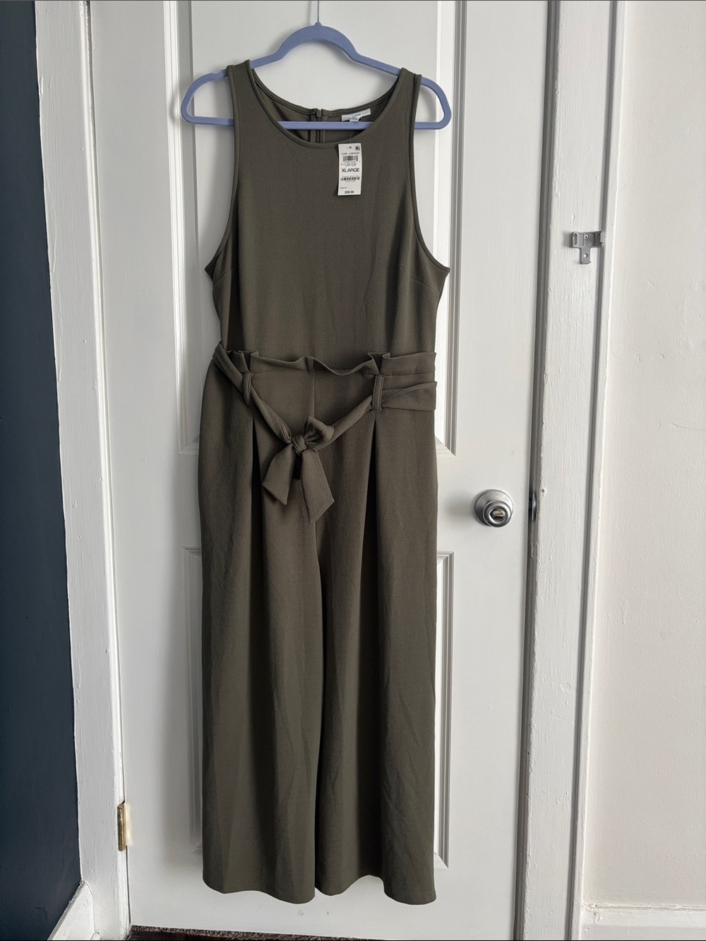 Bar III Olive Sleeveless Tie-Waist Wide-Leg Jumpsuit